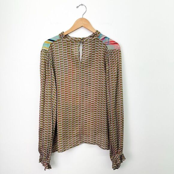 Anthropologie Conditions Apply Women’s Multi Viscose Neck Tie Semi Sheer Blouse - Picture 3 of 15